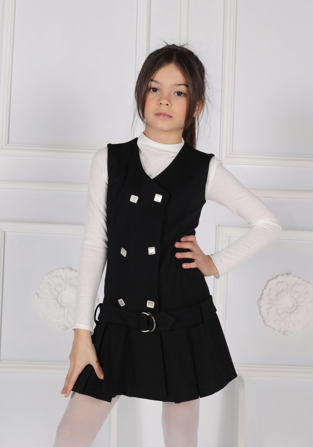 Abito Vestito Giromanica Punto Milano Effetto Portafoglio con Bottoni Gioiello Fun&Fun bambina