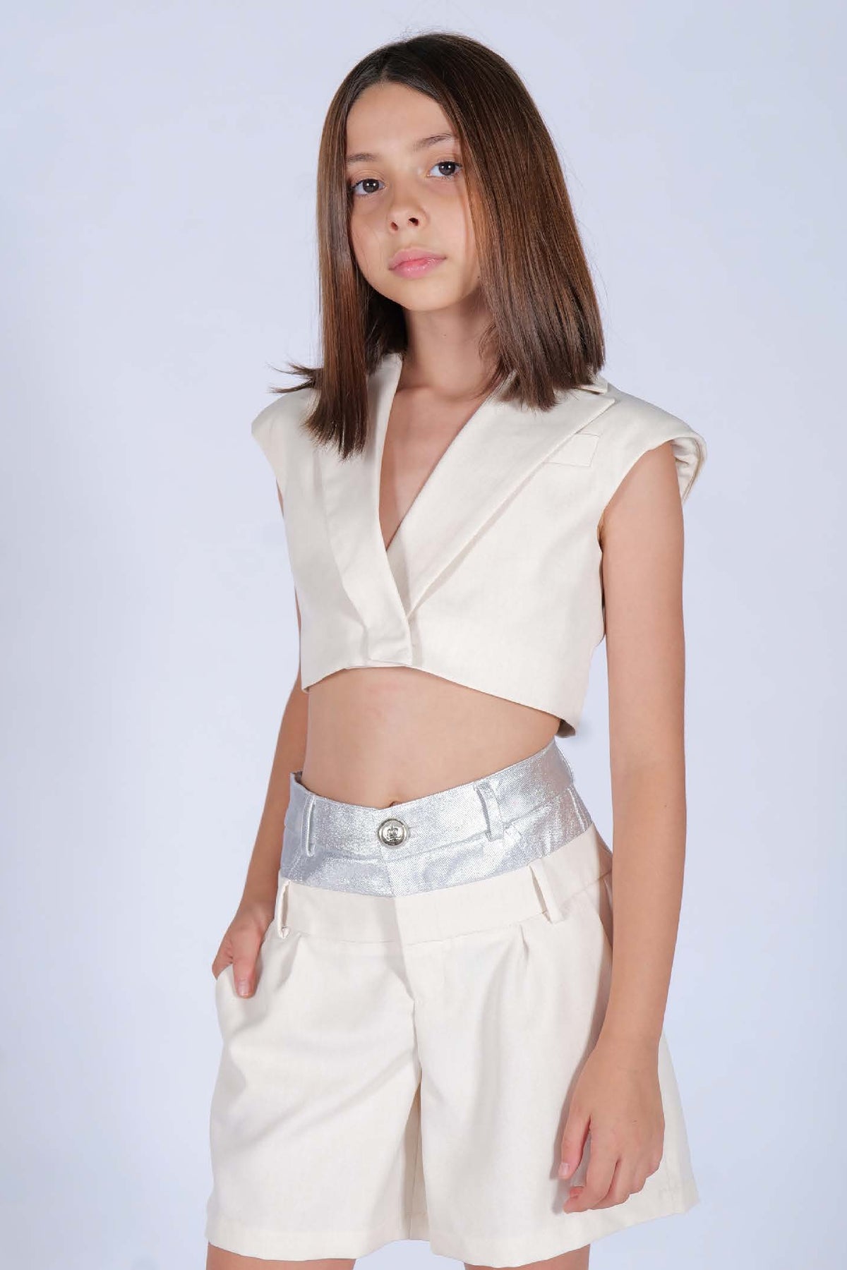 Short Doppio Tessuto Argento e Off White HLove bambina