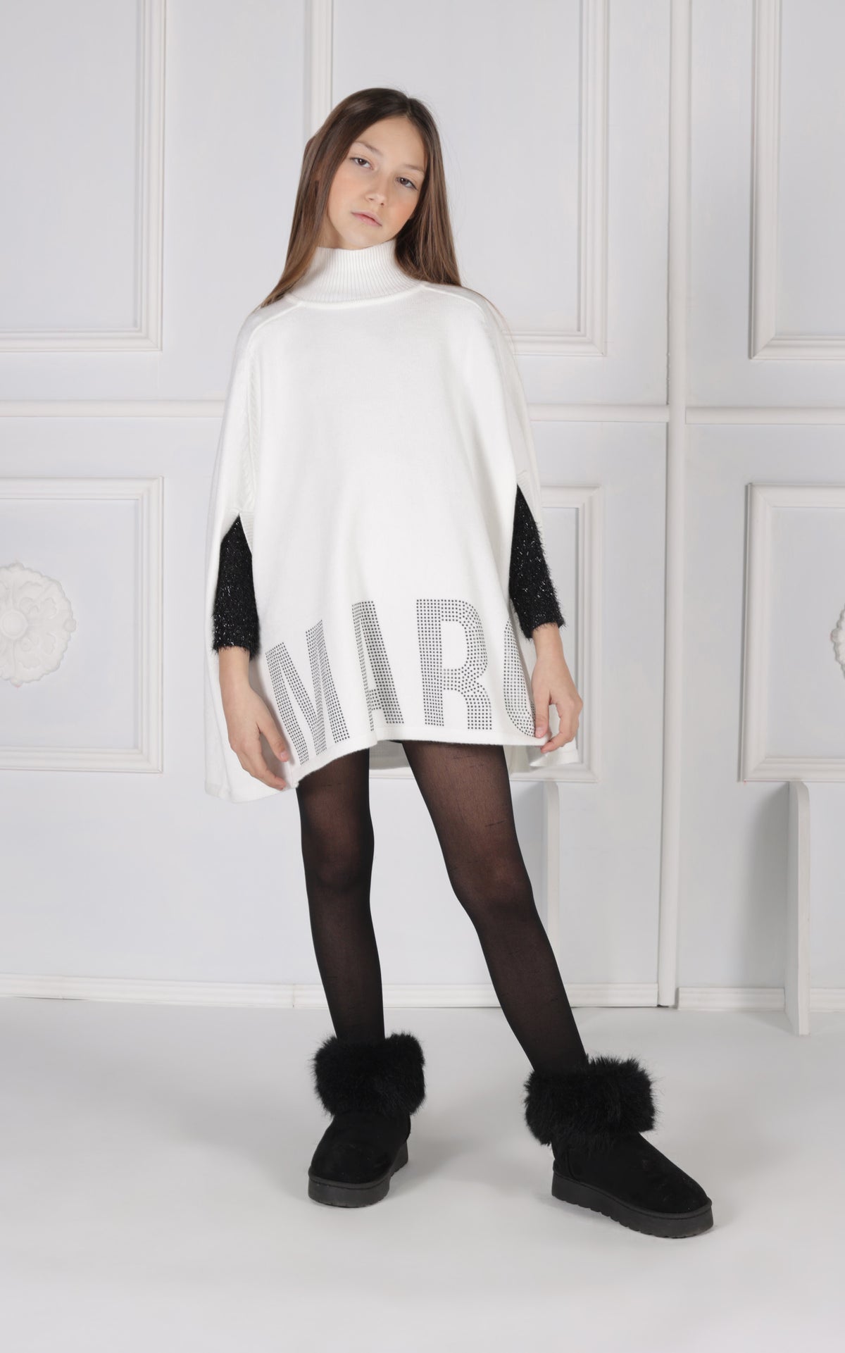 Abito Mantella in Lana con Collo Alto, Apertura Maniche e Logo Sul Fondo Marc Ellis bambina