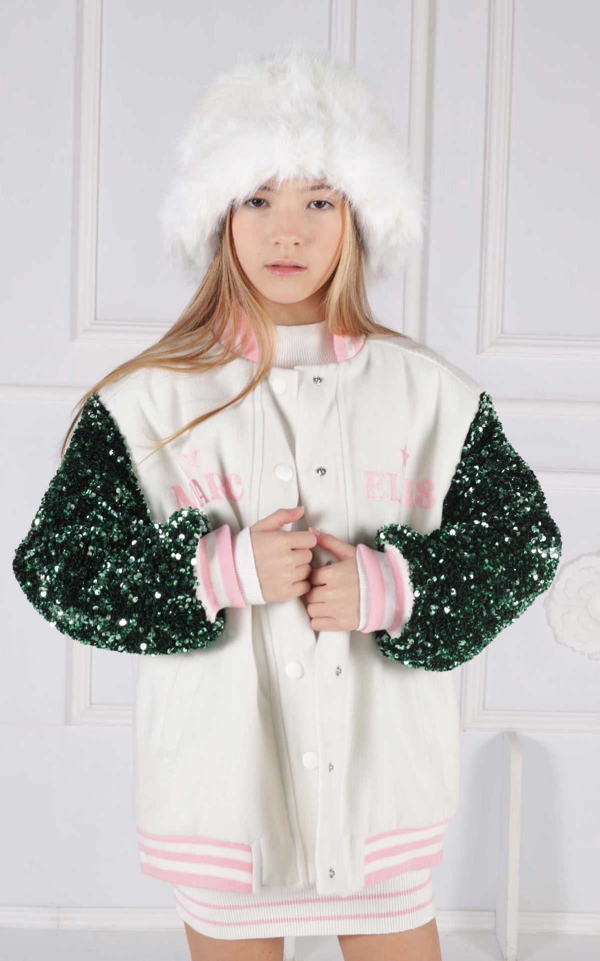 Giacca Bomber College in Panno con Maniche in Paillettes e Ricamo Logo Marc Ellis bambina