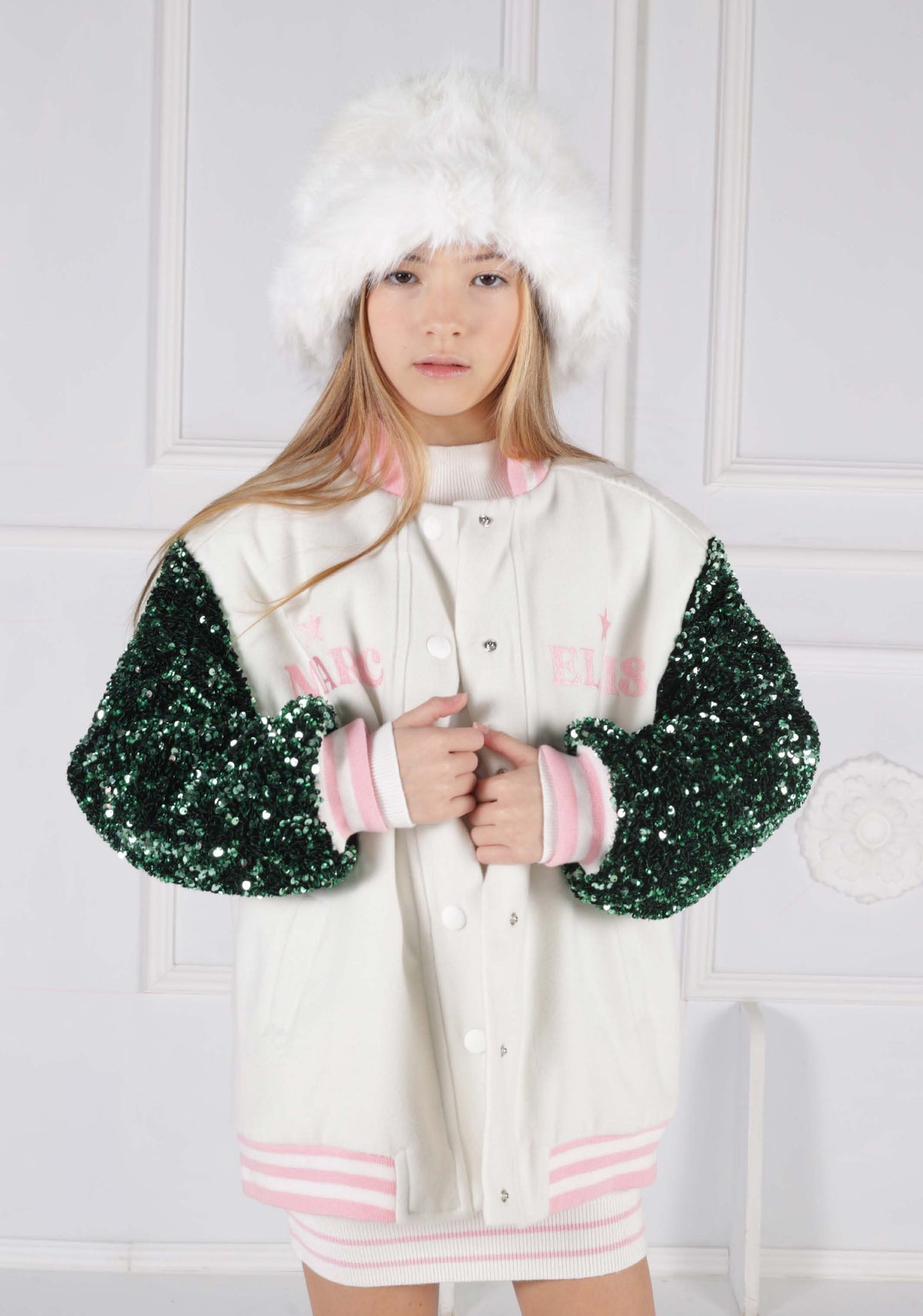 Giacca Bomber College in Panno con Maniche in Paillettes e Ricamo Logo Marc Ellis bambina
