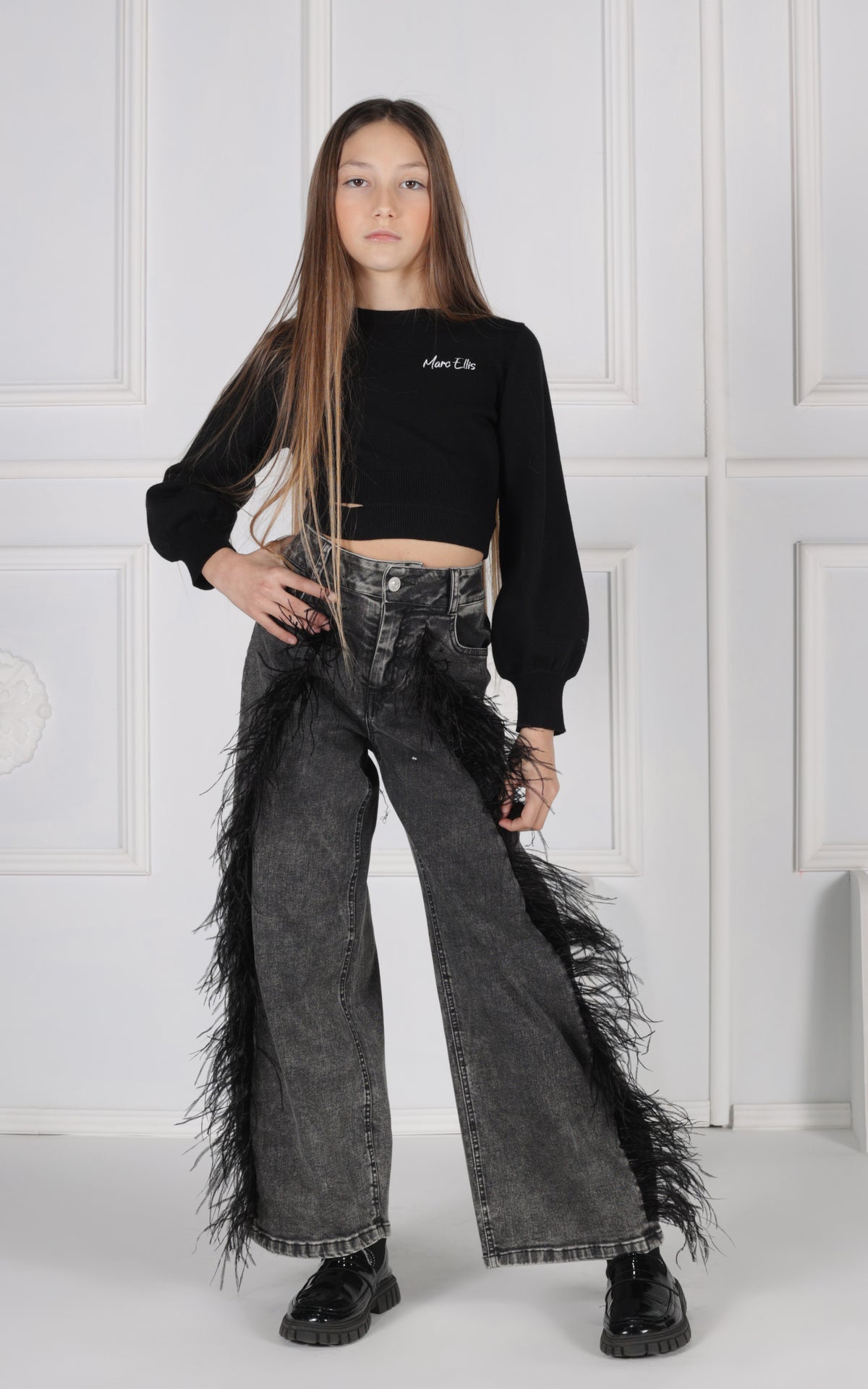 Pantalone Balloon in Denim Grey con Tagli Decorativi e Piume Salpina Logo sul Retro Marc Ellis bambina