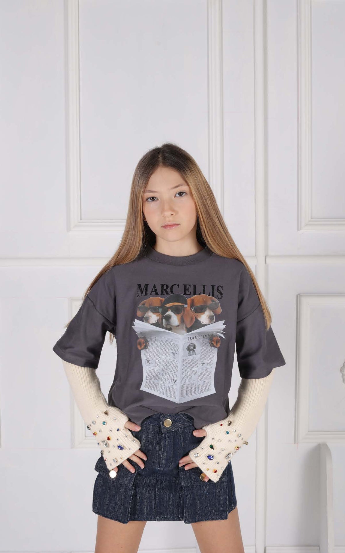 Gonna in Tessuto Jeans con Bottoni Chiodo Gold e Salpina Logo sul Retro Marc Ellis bambina