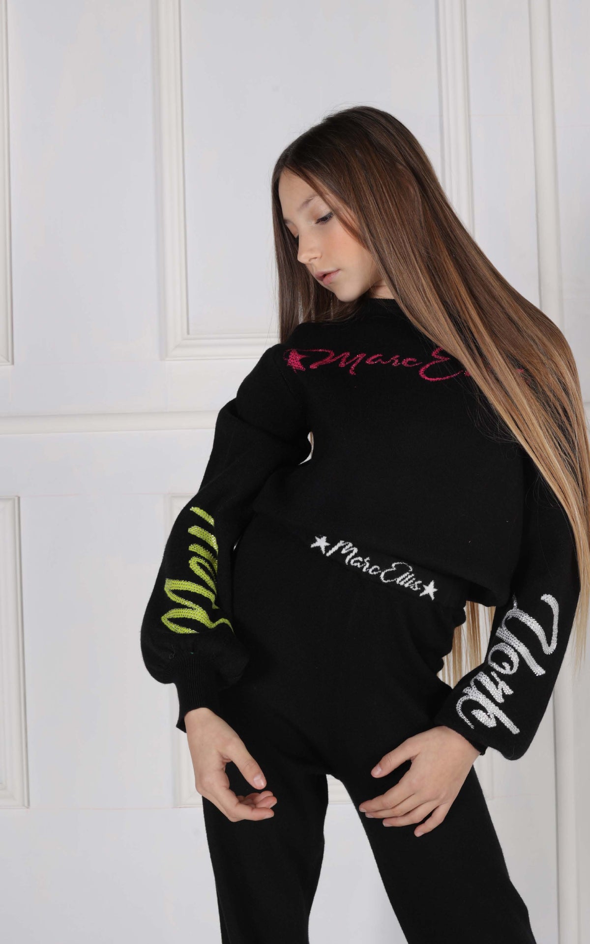 Maglia Girocollo in Lana con Intarsio Logo e Strass a Contrasto Marc Ellis bambina