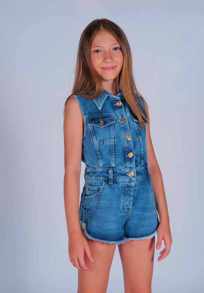 Tuta in Tessuto Jeans con Collo Camicia e Dettagli Logati Marc Ellis bambina