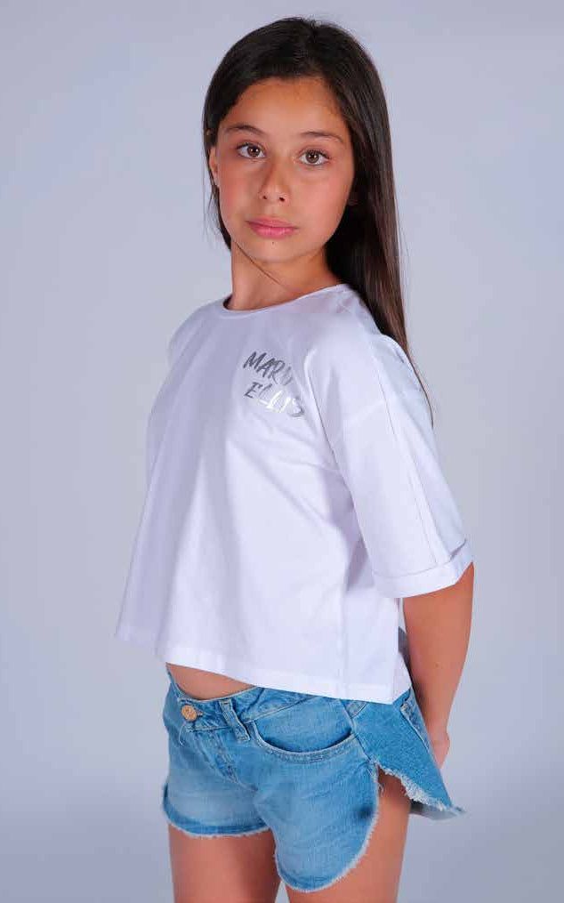 Shorts Corti in Tessuto Jeans con Fondo Sfrangiato e Dettagli Gioiello Marc Ellis Junior bambina