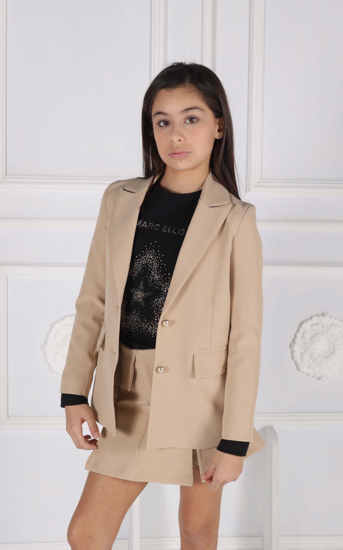 Giacca in Tessuto Tecnico con Collo a Revers e Bottoni Rivestiti – Placchetta Logo Gold Marc Ellis bambina