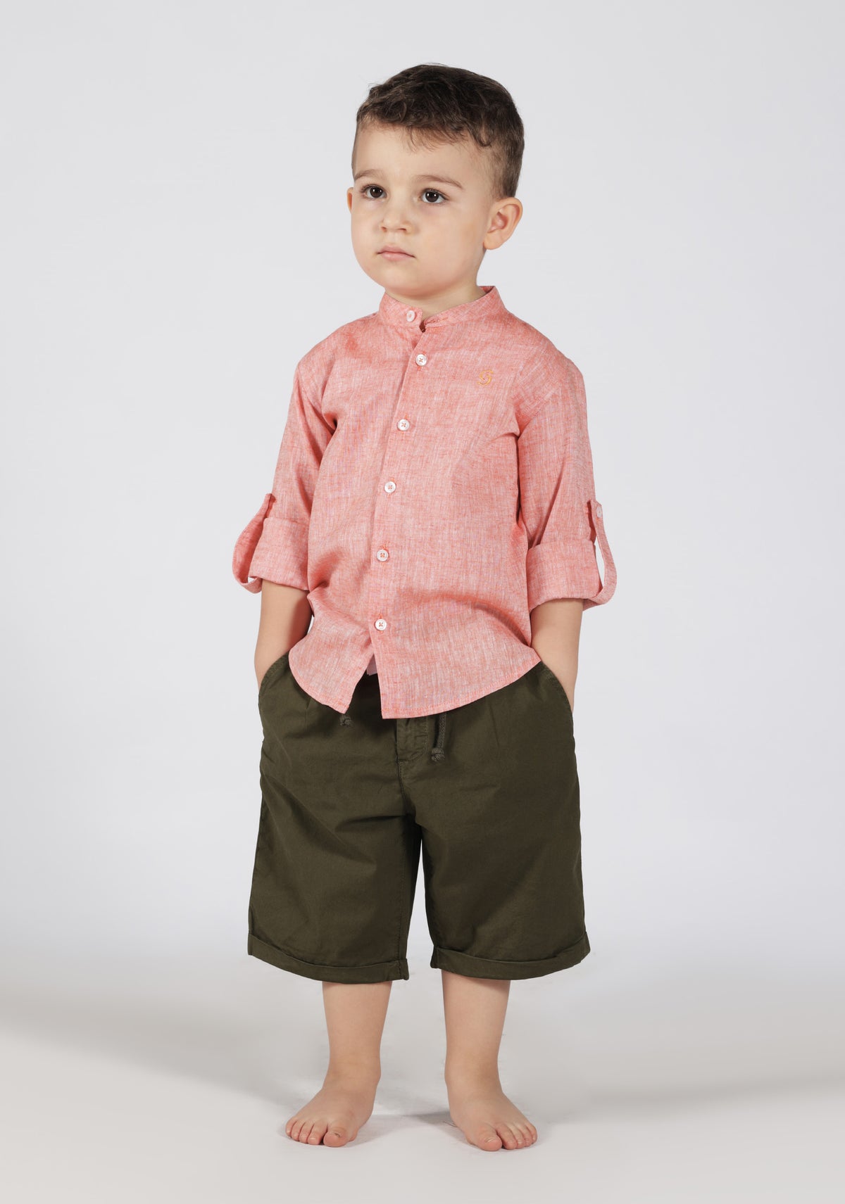Camicia in Lino Arancio con Collo Coreano Siviglia bambino