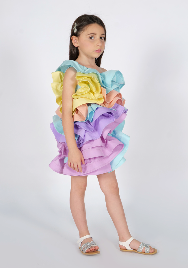 Abito monospalla balze a contrasto Fun&Fun Couture bambina