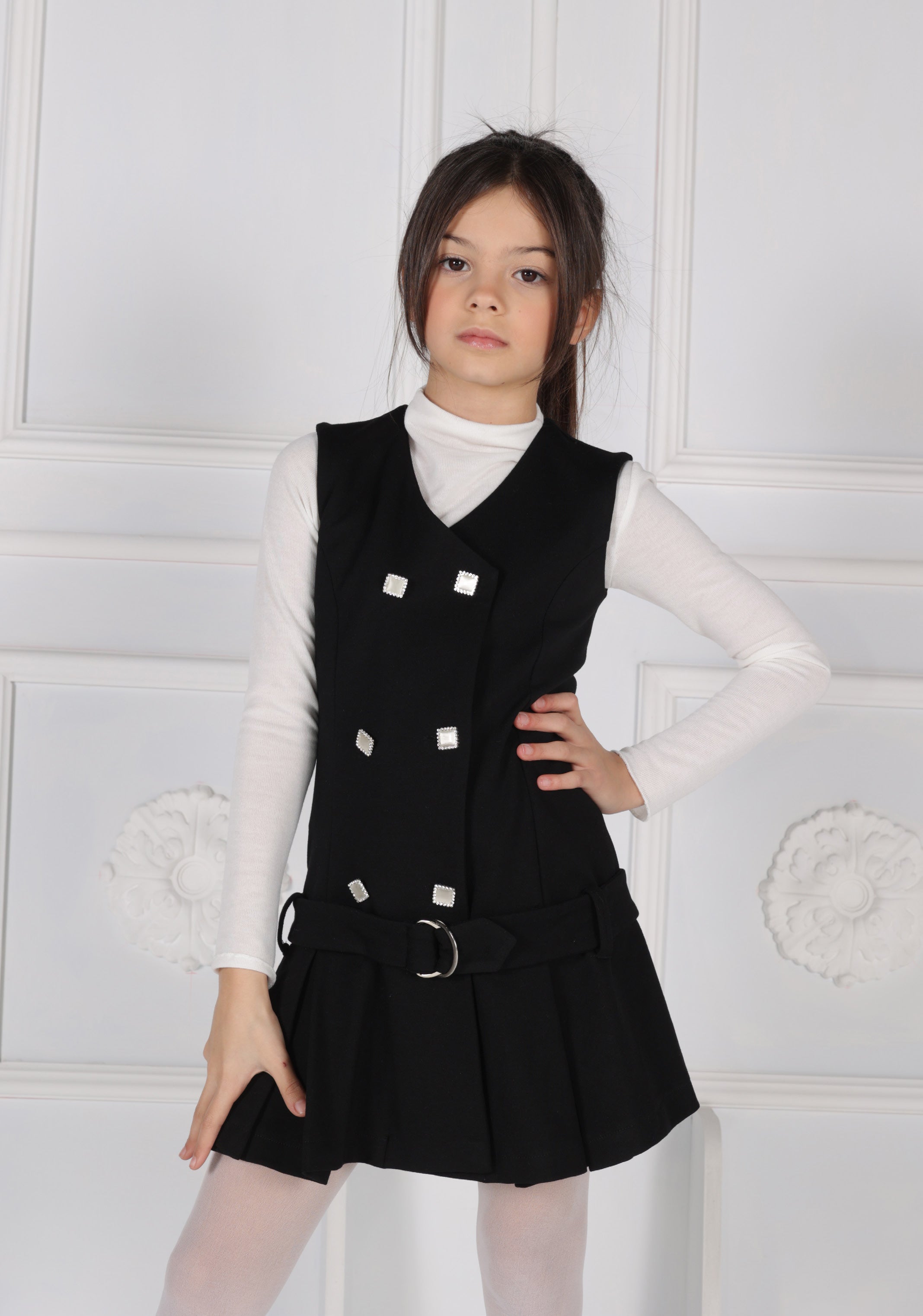 Abito Vestito Giromanica Punto Milano Effetto Portafoglio con Bottoni Gioiello Fun&Fun bambina