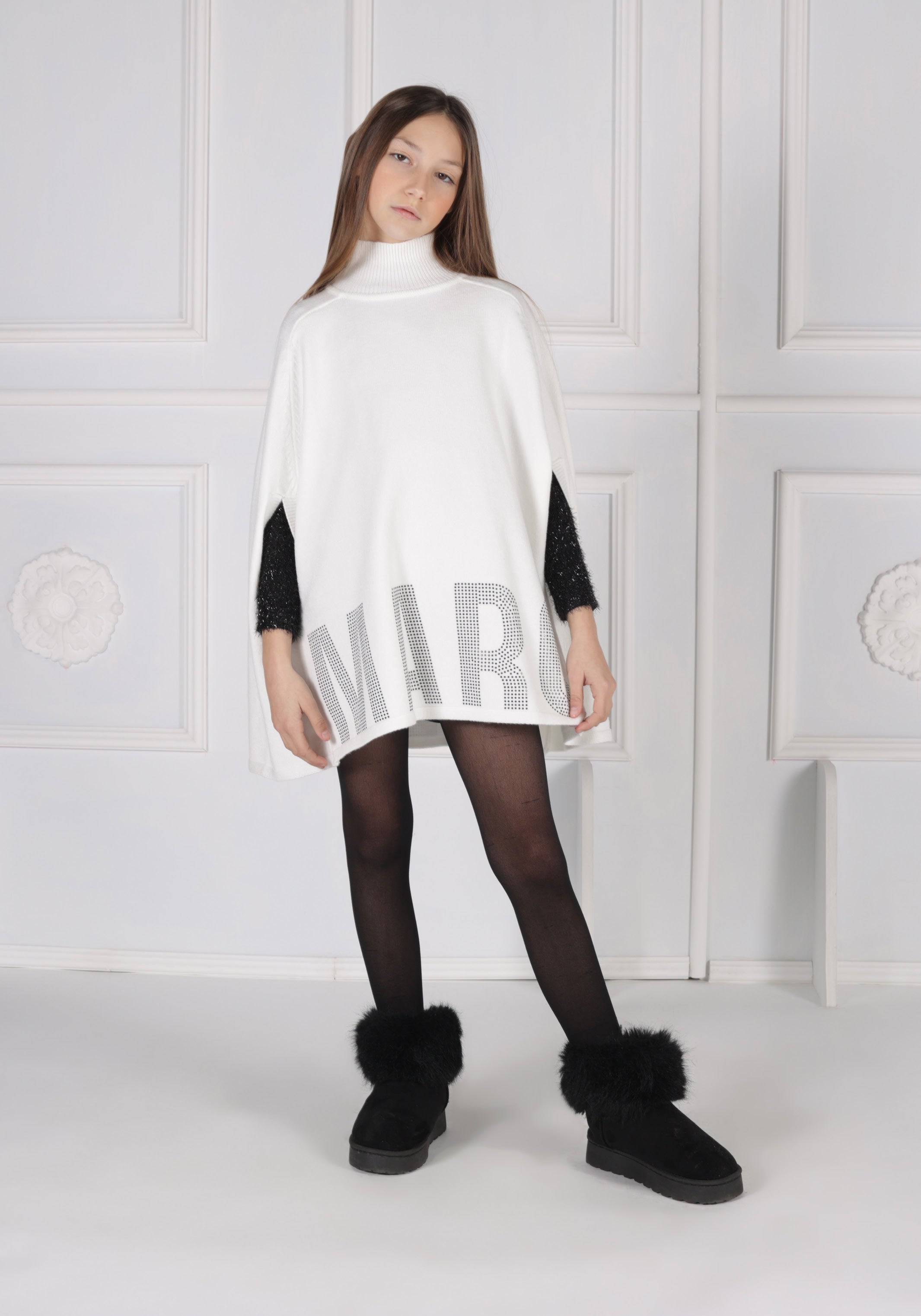 Abito Mantella in Lana con Collo Alto, Apertura Maniche e Logo Sul Fondo Marc Ellis bambina
