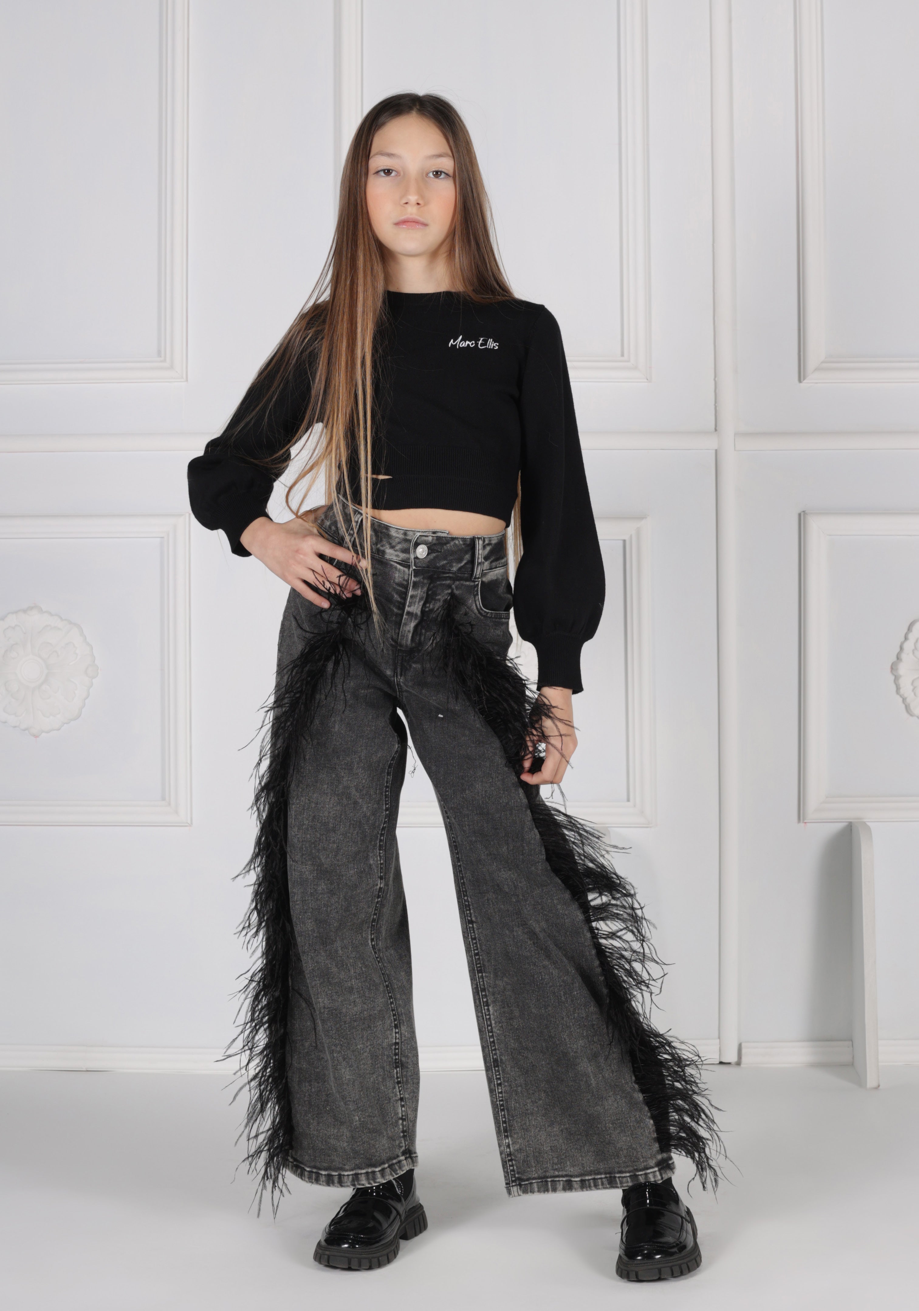Pantalone Balloon in Denim Grey con Tagli Decorativi e Piume Salpina Logo sul Retro Marc Ellis bambina