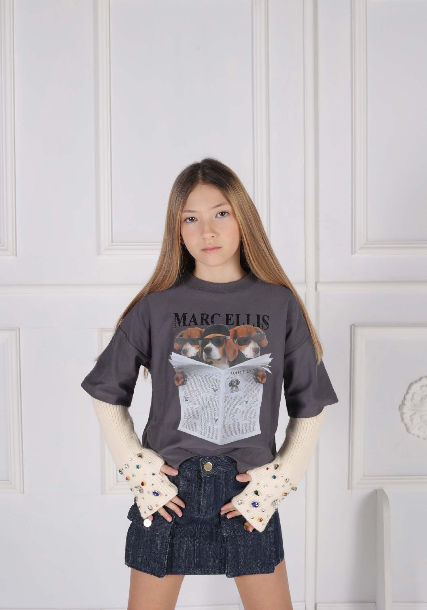 Gonna in Tessuto Jeans con Bottoni Chiodo Gold e Salpina Logo sul Retro Marc Ellis bambina