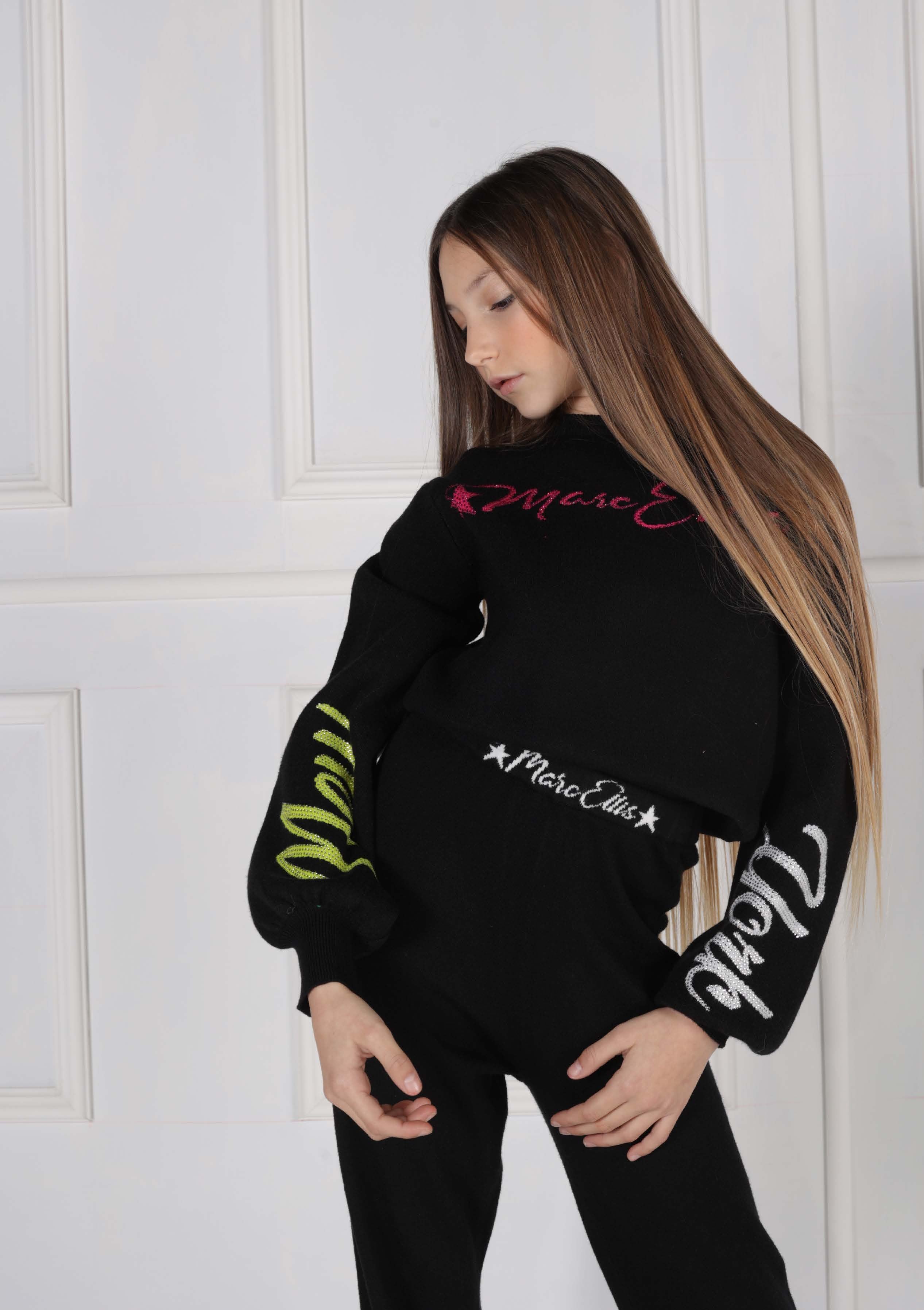Maglia Girocollo in Lana con Intarsio Logo e Strass a Contrasto Marc Ellis bambina