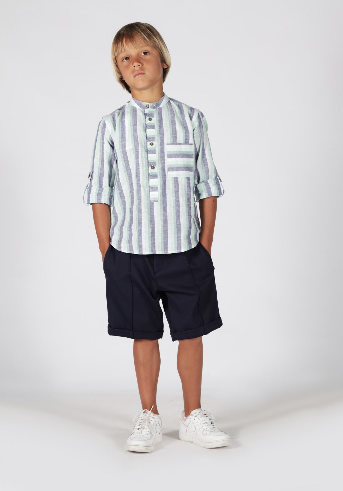Camicia a Righe con Collo Coreano e Taschino Siviglia bambino