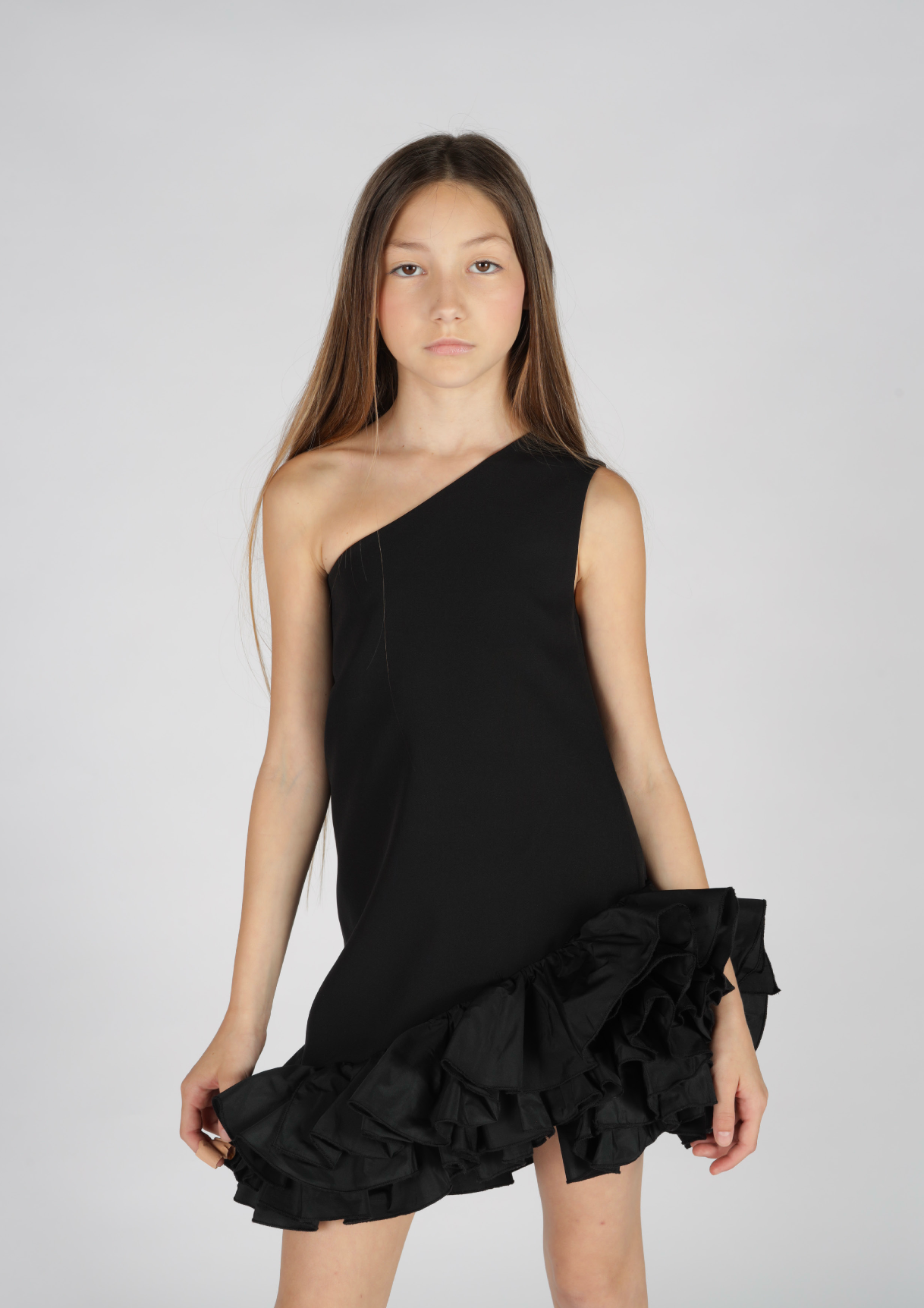 Abito monospalla balze taffetà Fun&Fun Couture bambina