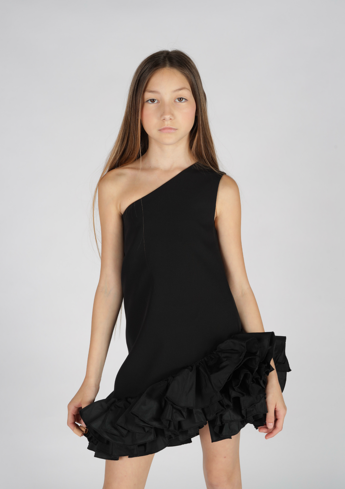 Abito monospalla balze taffetà Fun&Fun Couture bambina
